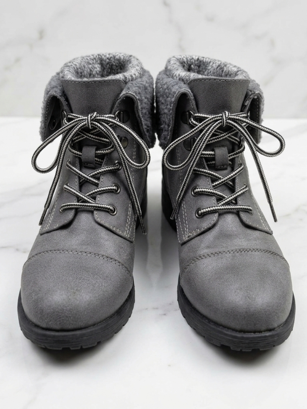 White Mountain Gray Lace-Up Faux Fur Ankle Boots